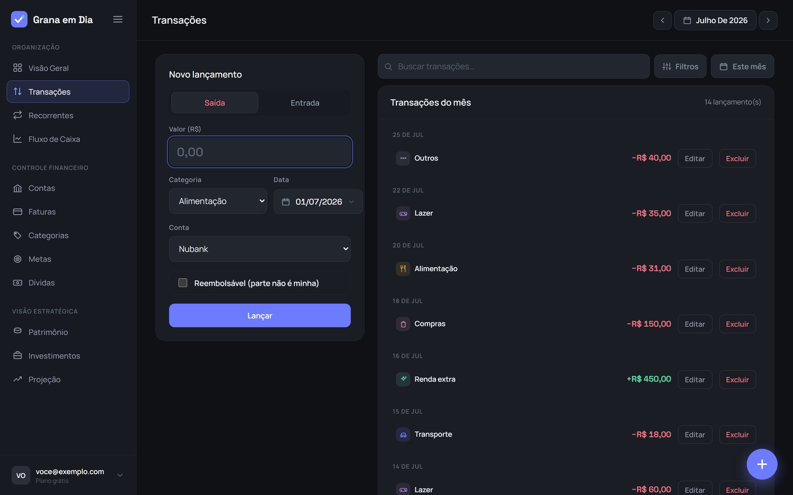 Lista de transações